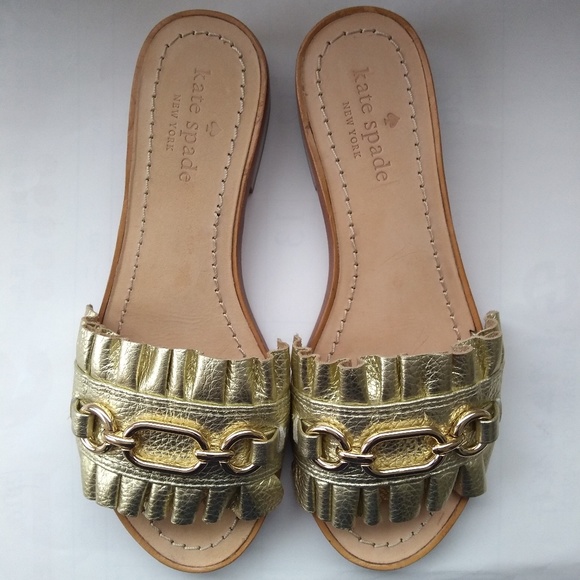 Kate Spade Beau Tumbled Leather Slide Sandals Gold